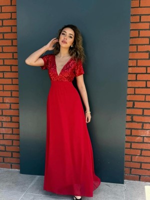 Defy Moda Kadın Kısa Kollu Derin V Yakalı A Kesim Pulpayet Detaylı Şifon Nedime Elbisesi