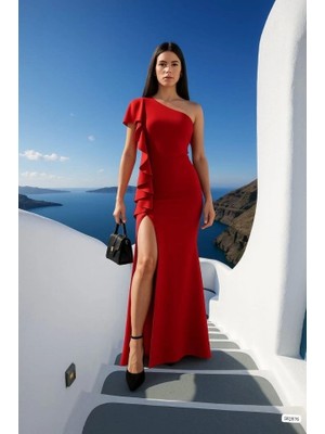 Defy Moda Kadın Dalgıç Kumaş Tek Omuz Askılı Yırtmaç Detaylı Maxi Boy Elbise