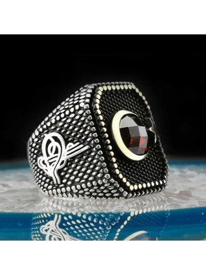 Özel Ay Yıldız Tasarımlı Tuğra Işlemeli 925 Ayar Gümüş Yüzük