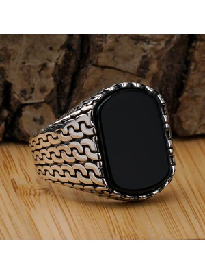 Zincir Motifli Siyah Oniks Taşlı 925 Ayar Gümüş Erkek Yüzük