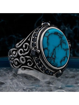 Mavi Turkuaz Taşlı Işlemeli 925 Ayar Gümüş Erkek Yüzük