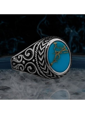 Yuvarlak Mavi Turkuaz Taşlı 925 Ayar Gümüş Erkek Yüzük