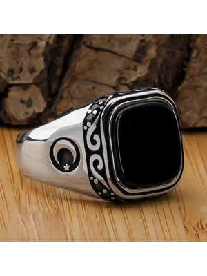 Siyah Oniks Taşlı Ayyıldız Tasarımlı Gümüş Erkek Yüzük