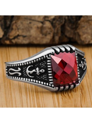 Kırmızı Zirkon Taşlı Denizci Çapa Tasarımlı 925 Ayar Gümüş Yüzük