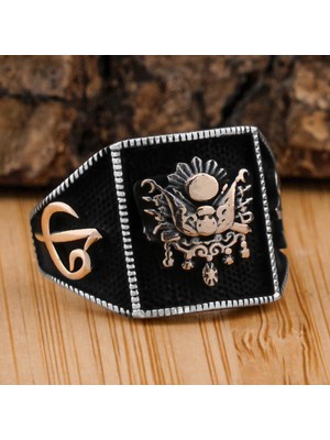 Osmanlı Devlet Armalı Elif Vav Detaylı 925 Ayar Gümüş Yüzük