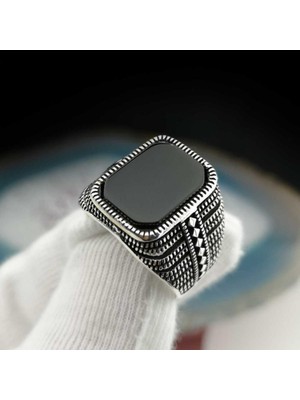 Siyah Dikdörtgen Oniks Taşlı 925 Ayar Gümüş Yüzük