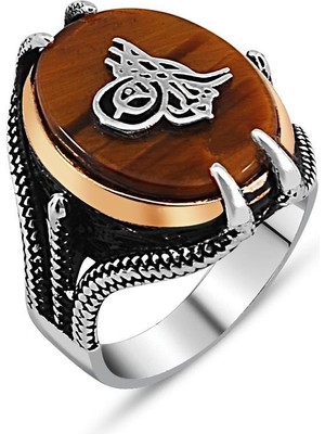 925 Ayar Gümüş Pençeli Tuğra Model Kaplan Gözü Taşlı Yüzük