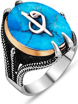 925 Ayar Gümüş Pençeli Elif Vav Model Turkuaz Taşlı Yüzük