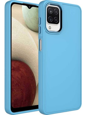 Uzaklarda Arama Samsung Galaxy A12 Kılıf Metal Çerçeve ve Buton Tasarımlı Silikon Uzrm Luna Kapak-Sierra Mavi