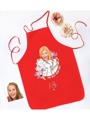 Mediterian Kişiye Özel Karikatürlü Anneler Günü Tasarımlı Kırmızı Mutfak Önlüğü