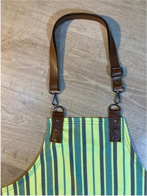 Mediterian Çizgili yeşil boydan ayarlanabilir deri detaylı önlük, şef, garson, berber için ideal
