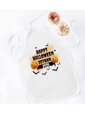 Mediterian Kişiye Özel Renkli Halloween Temalı Beyaz Pamuk Mutfak Önlüğü