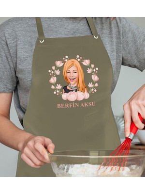 Mediterian Kişiye Özel Anneler Günü Karikatürlü Haki Mutfak Şef Önlüğü