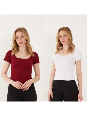 Wearflawless Kadın 2'li Adet Kısa Kollu Fitilli U Yaka Pamuklu Örme Kaşkorse T-Shirt Bluz