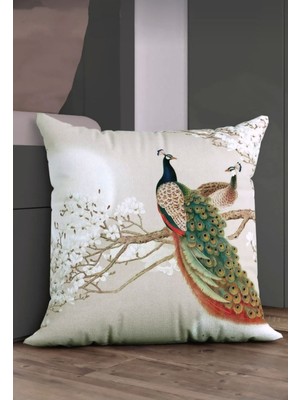Tavus Kuşu Desenli Kırlent Kılıfı Dekoratif Yastık Minder 43 x 43 Dijital Baskılı
