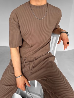 Abluka Online Oversize Çizgi Desenli Esnek ve Hafif Rahat Yazlık T-Shirt Açık Kahve