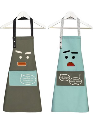 Mediterian Yeşil karikatür desenli mutfak önlüğü seti, 2'li, pamuk polyester, 60x75 cm