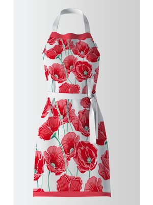 Mediterian Gelincik desenli şık mutfak önlüğü, beyaz kırmızı renk ve kullanışlı tasarım, 80x65 cm