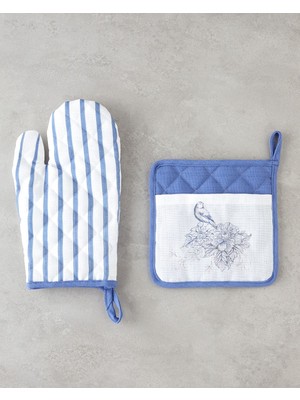 Mediterian 2'li polyester mutfak seti, 17x30 ve 20x20 cm, beyaz-lacivert renk