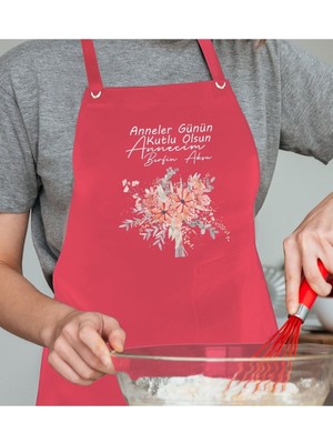 Mediterian Kişiye Özel Anneler Günü Tasarımlı Pembe Keten Mutfak Önlüğü