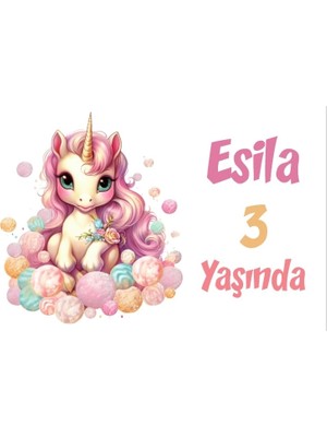 Pembe Unicorn Temalı Doğum Günü Afişi -8 35X50 cm