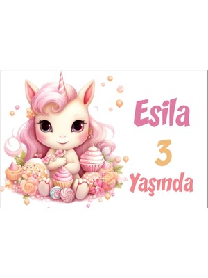 Pembe Unicorn Temalı Doğum Günü Afişi -3 35X50 cm