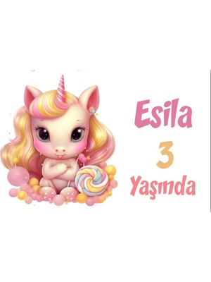 Pembe Unicorn Temalı Doğum Günü Afişi -5 35X50 cm