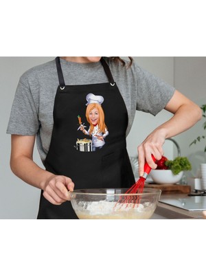Mediterian Kişiye Özel Kadın Chef Karikatürlü Siyah Mutfak Önlüğü, 77x150 Boyut, Renkli Tasarım