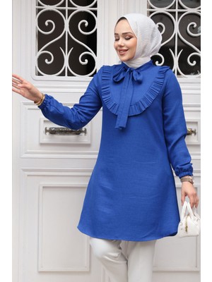 Fırfır Detaylı Sax Mavisi Tesettür Tunik 6682SX
