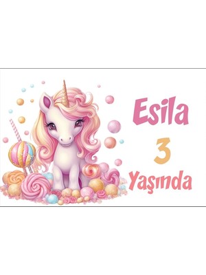 Pembe Unicorn Temalı Doğum Günü Afişi -4 50X70 cm