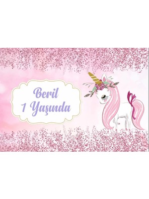 Pembe Unicorn Temalı Doğum Günü Afişi 70X100 cm