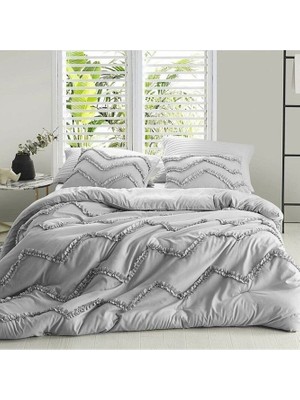 Çift Kişilik Gri V Fırfırlı Nevresim Takımı Pamuk Saten