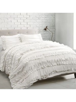 Beyaz Fırfırlı Nevresim Takımı Çift Kişilik Pamuk Saten