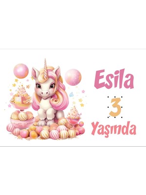 Pembe Unicorn Temalı Doğum Günü Afişi -1 100X150 cm