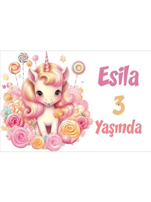 Pembe Unicorn Temalı Doğum Günü Afişi -5 100X150 cm