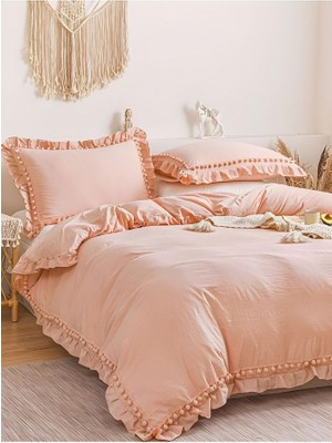 Fırfırlı Ponponlu Pembe Renk Pamuk Saten Nevresim Takımı