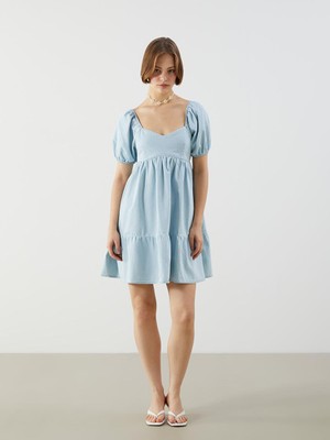 Kalp Yaka Balon Kollu Mini Jean Elbise  (S5)