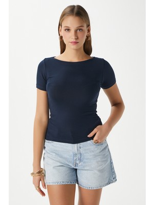 Ritnice Kadın Velvet Kayık Yaka Lux Touch Yumuşak Doku Kısa Kol Lacivert Bluz
