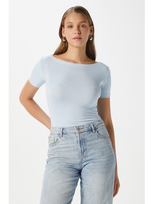 Ritnice Kadın Velvet Kayık Yaka Lux Touch Yumuşak Doku Kısa Kol Mavi Bluz