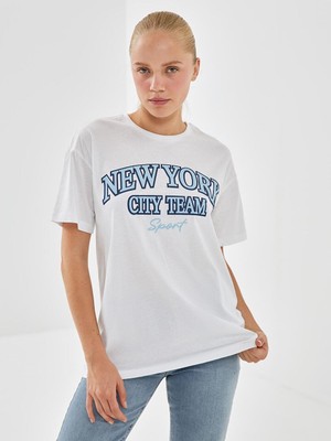 Bisiklet Yaka New York Baskılı Kadın Tişört  (S5)
