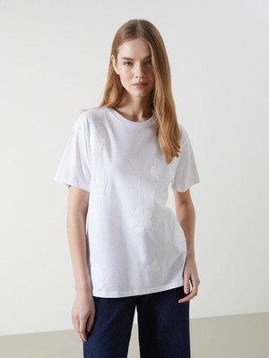 Bisiklet Yaka Çiçekli Kadın Tişört  (S5)