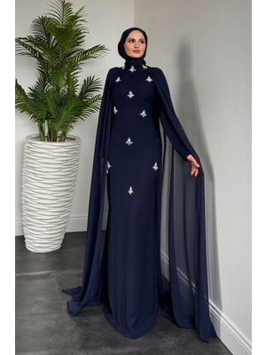 Karel Pelerinli Taşlı Krep Abiye Lacivert