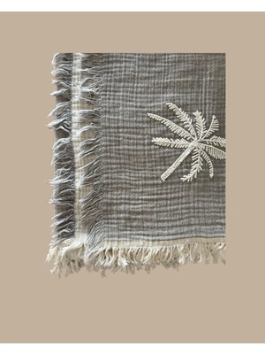 4 Kat Müslin Gri Nakışlı Peştemal, %100 Pamuk, Yumuşak, Hafif, Plaj Hamam Spa Banyo Sauna Peştemal