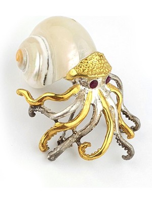 Osean Mystıque Barok Inci ve Yakut Taşlı 925AYAR Gümüş Üzerine Altın Kaplama Tasarım Ahtapot Yaka Iğnesi Broş