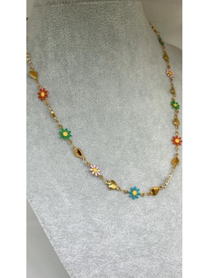 Çelik 316L Kararmaz Kalp Papatya Çiçek Motifli Renkli Kadın Kolye