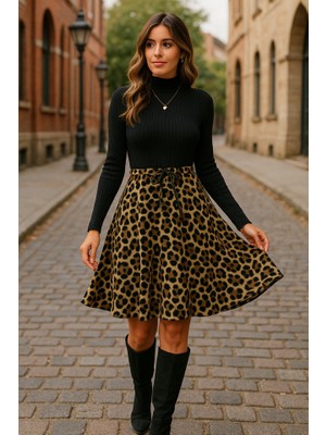 Aruz Moda Kadın Uzun Kollu Balıkçı Yaka Belden Bağlamalı Üst Kaşkorse Eteği Dalgıç Elbise