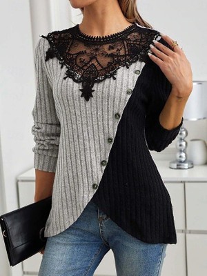 Aruz Moda Kadın Uzun Kollu Dantel Yaka Yandan Düğmeli Şardonlu Kaşkorse Bluz