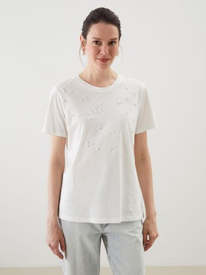 Lcwaıkıkı Classic  Bisiklet Yaka Boncuk Işlemeli Kadın Tişört  (S5)