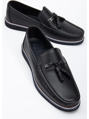 Hakiki Deri Erkek Günlük Loafer Ayakkabı Siyah Püsküllü Eva Taban Baskılı