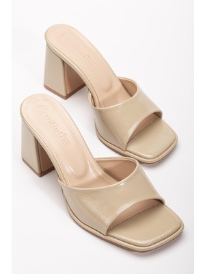 Dilimler Ayakkabı Büyük Beden Kadın Topuklu Terlik Bej Rugan İnce Bantlı